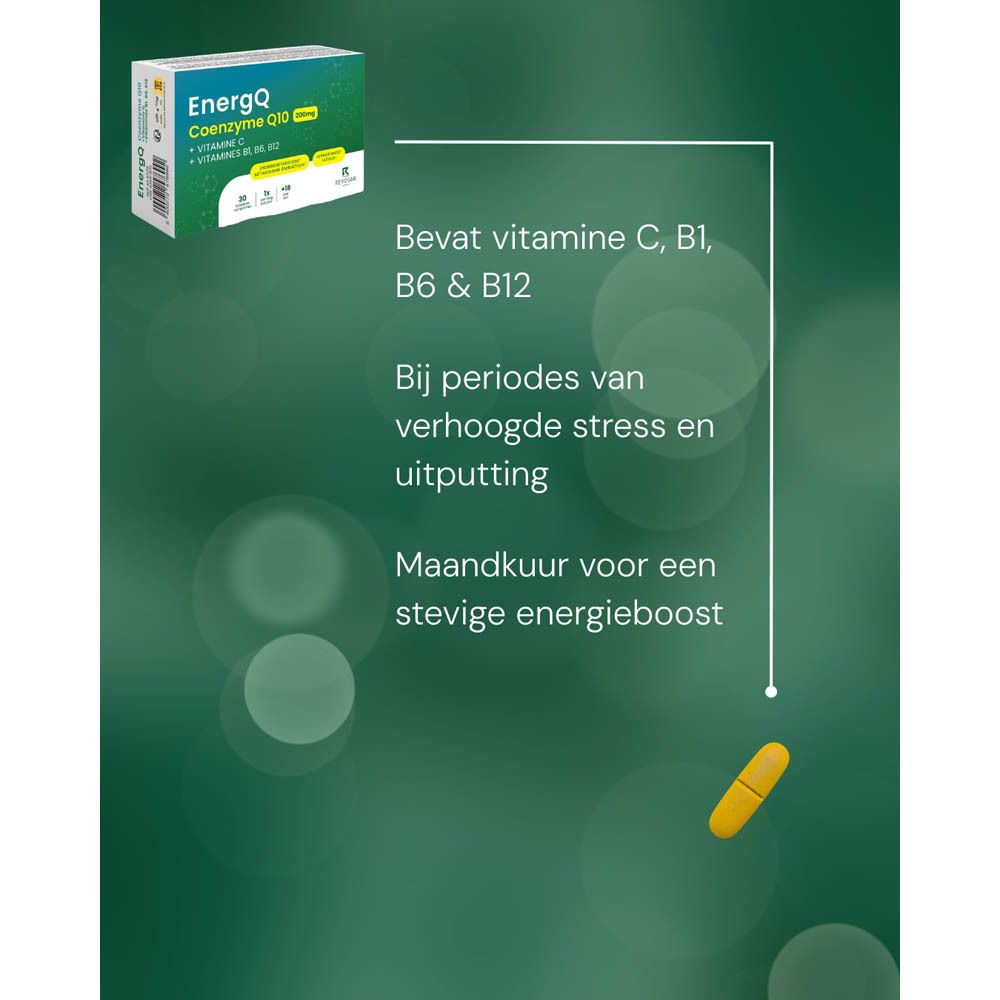 Grafiek met een tablet en informatie over EnergQ Co-enzym Q10 200mg. Bevat Vitamine C, B1, B6, B12.