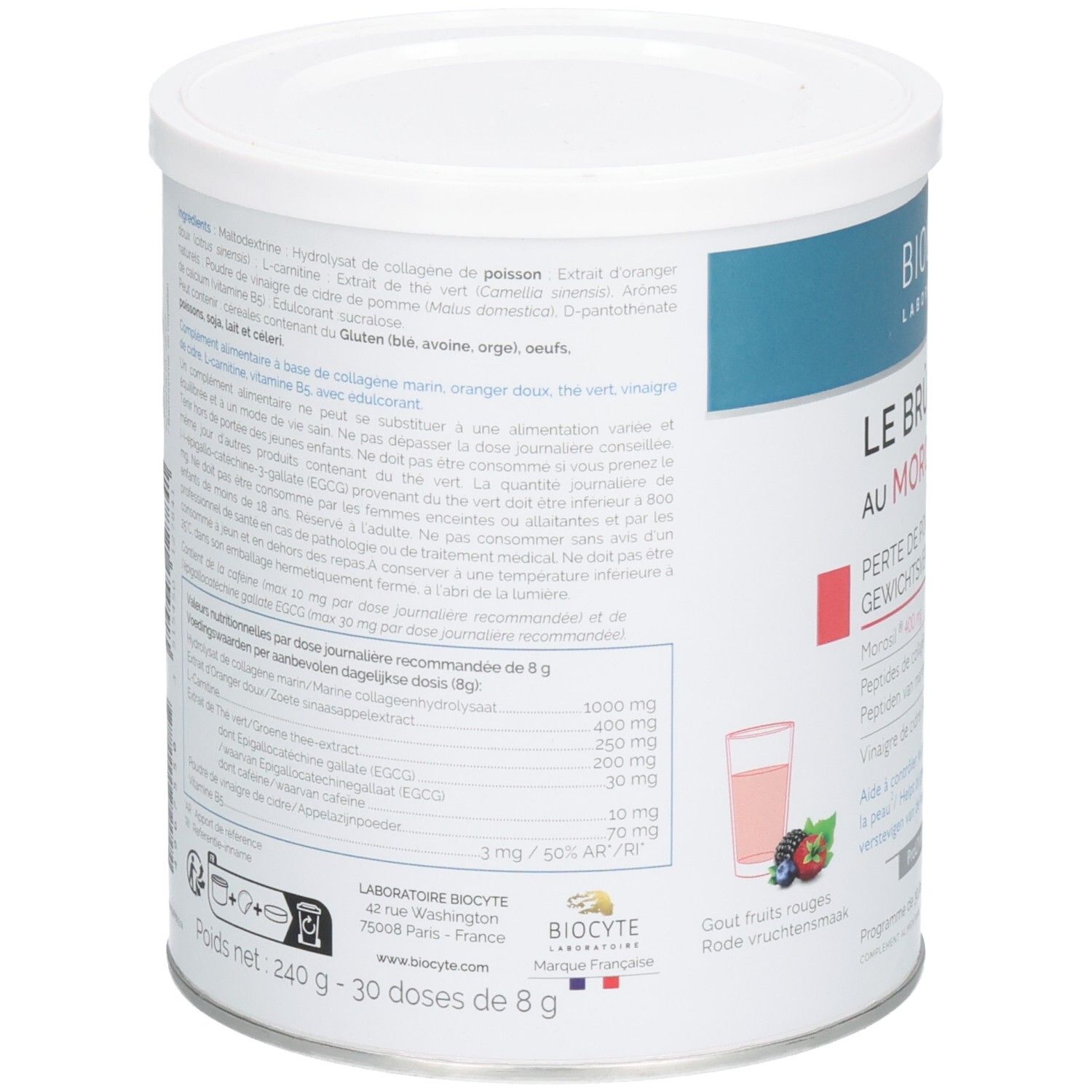 Achterkant van de witte pot. Bevat ingrediëntenlijst, voedingswaarde-informatie en gebruiksaanwijzing.