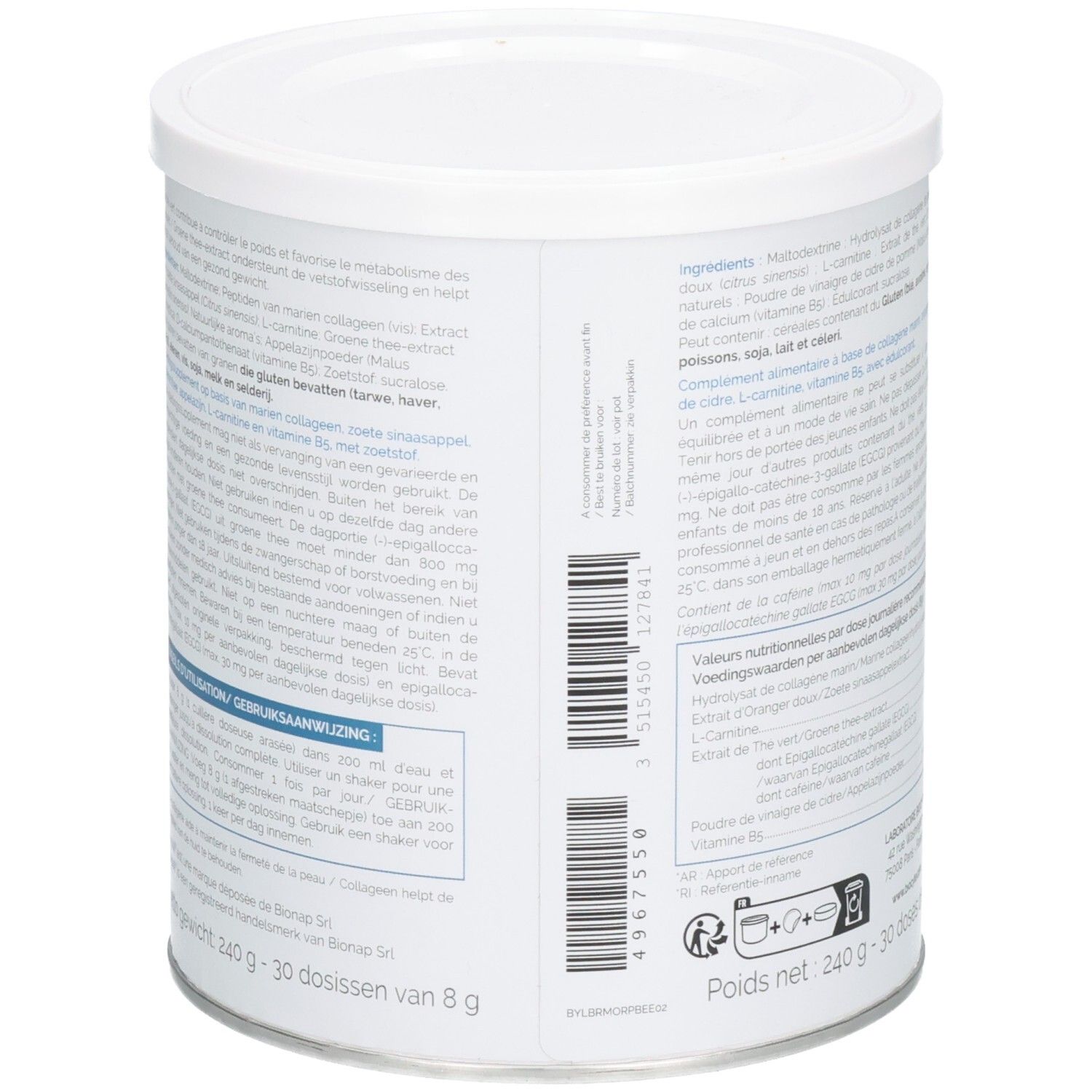 Achterkant van de witte pot. Bevat ingrediëntenlijst, voedingswaarde-informatie en gebruiksaanwijzing.