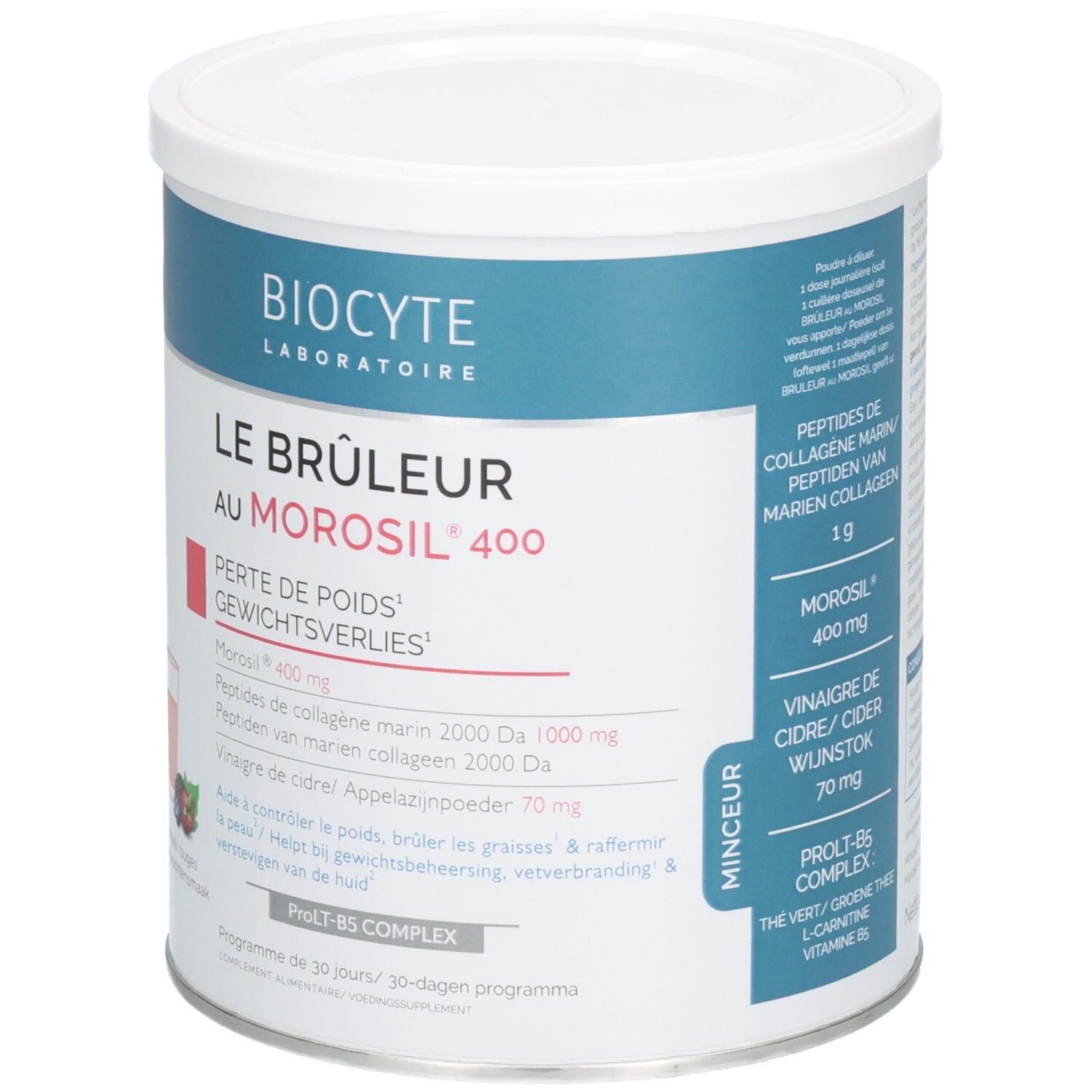 Witte pot met blauwe deksel. Opschrift: Biocyte, Le Bruleur au Morosil 400. Bevat ingrediënten en een diagram.