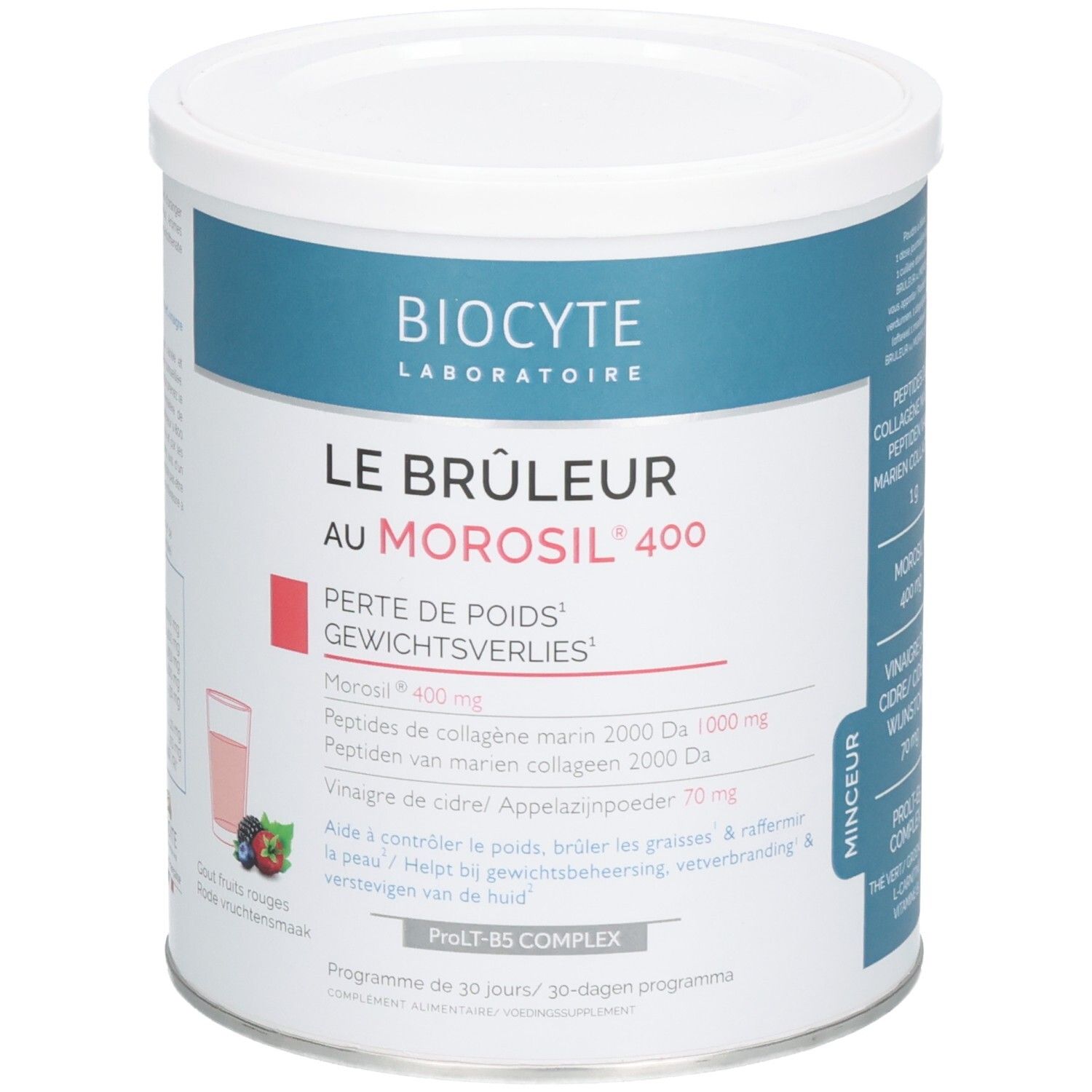 Witte pot met blauwe deksel. Opschrift: Biocyte, Le Bruleur au Morosil 400. Bevat ingrediënten en een diagram.