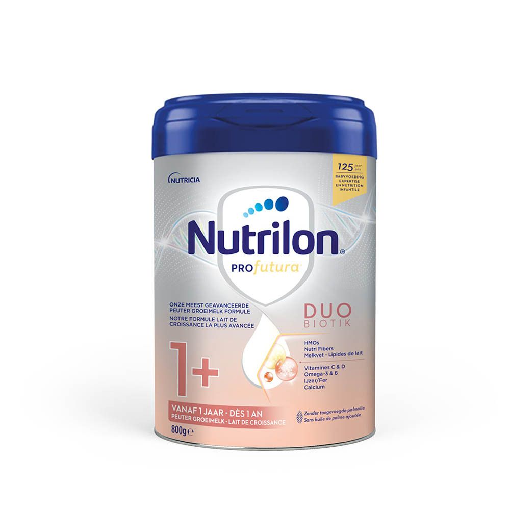 Boîte Nutrilon Profutura 1+ avec informations HMOs, Nutri Fibers, vitamines.
