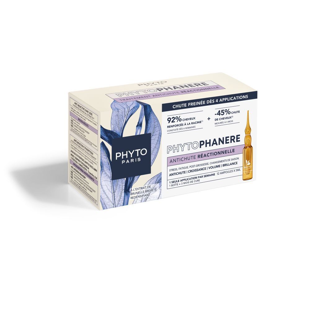 Boîte de Phyto Paris Phytophanere. Texte: Antichute Réactionnelle, 92% cheveux renforcés, -45% chute de cheveux.