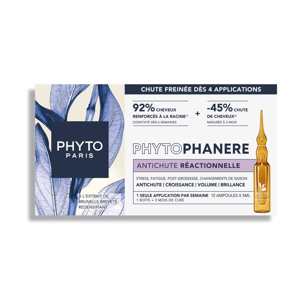 Verpakking van Phyto Paris Phytophanere. Tekst: Antichute Réactionnelle, 92% versterkt haar, -45% haaruitval.
