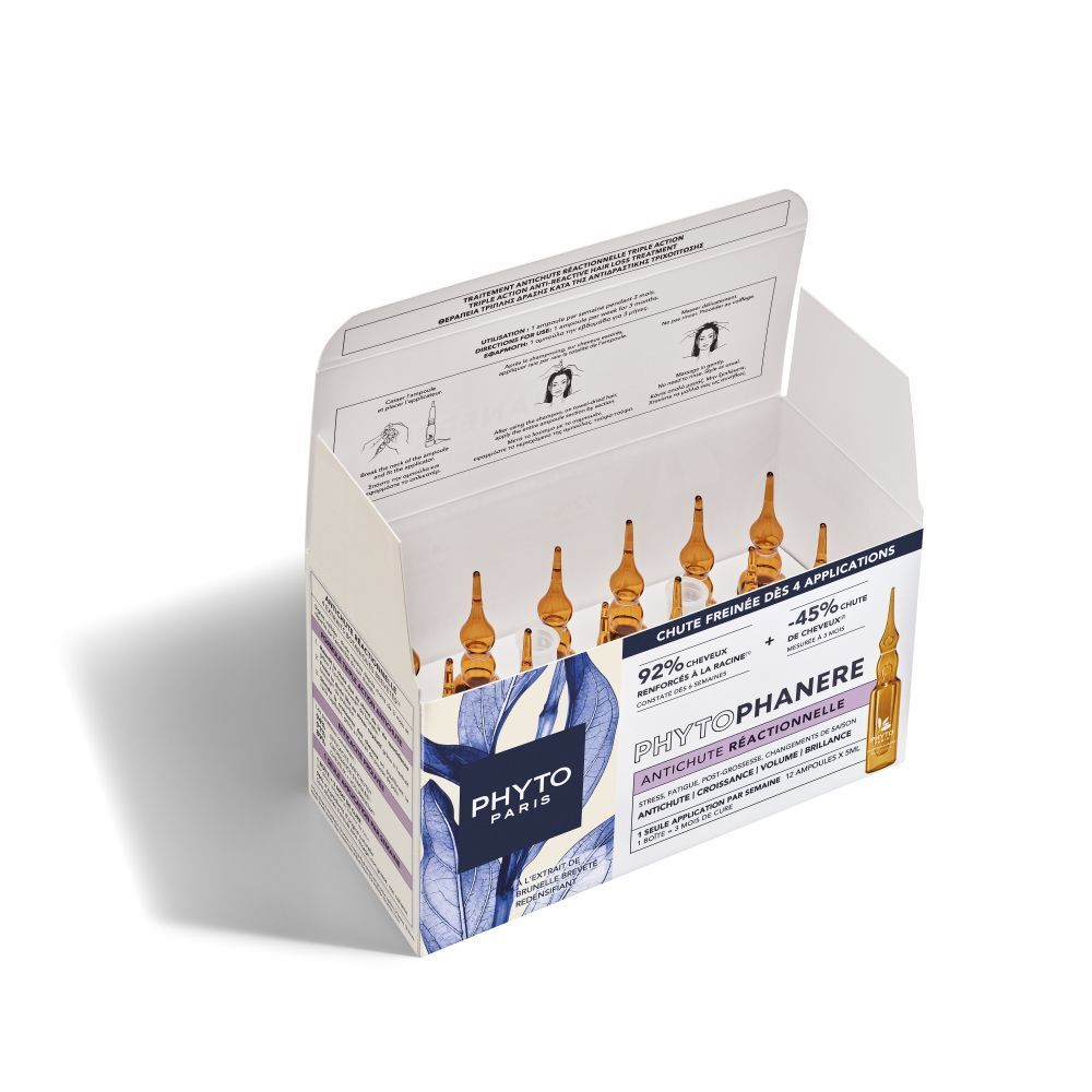 Open verpakking van Phyto Paris Phytophanere. Toont ampullen. Tekst: Antichute Réactionnelle, 12 ampullen.