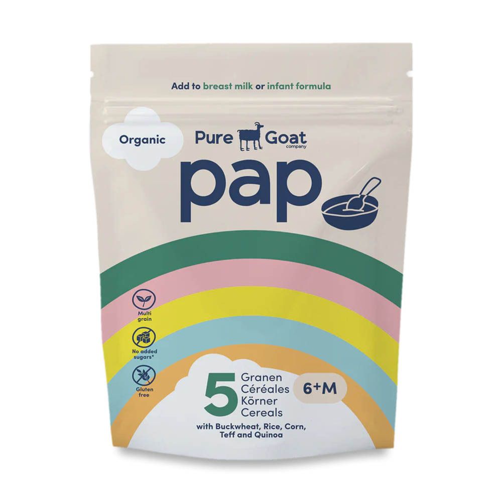 Zak met opdruk. "Pure Goat Company pap" en "5 Céréales 6+M". Regenboogontwerp. Bevat granen.