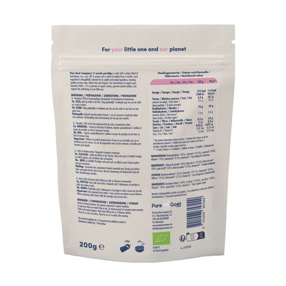Dos du paquet. Texte avec informations nutritionnelles, ingrédients et instructions de préparation. Label bio et logo.