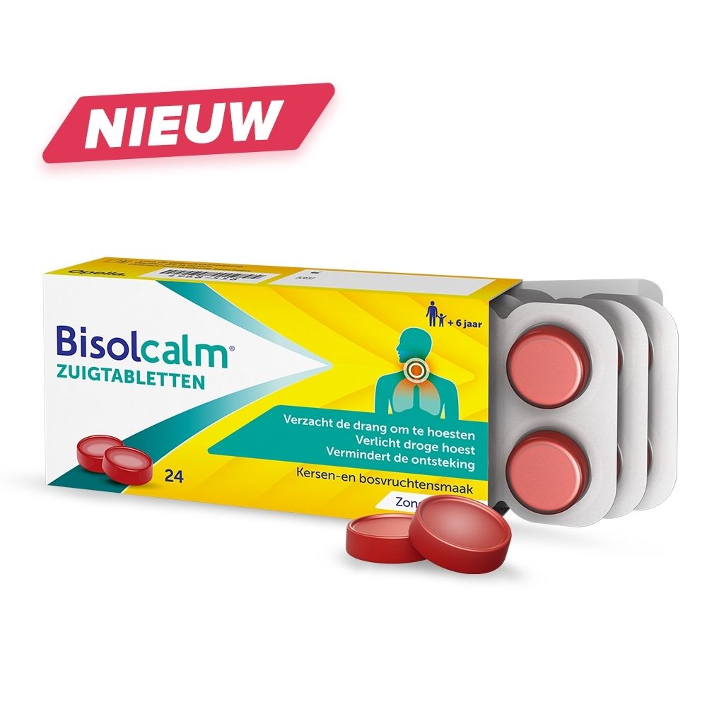 Doos met 24 Bisolcalm zuigtabletten, zonder suiker, met illustratie van hoestsymptomen.