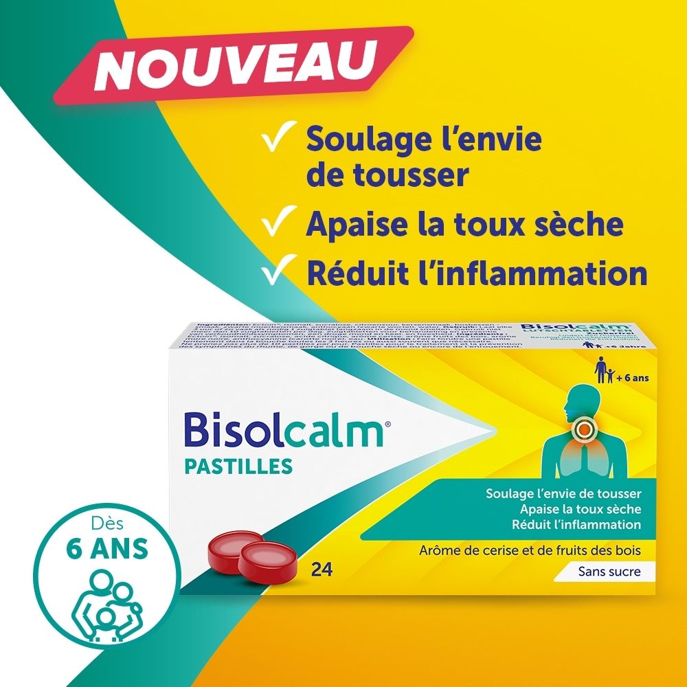 Boîte de 24 pastilles Bisolcalm, sans sucre, pour enfants dès 6 ans.