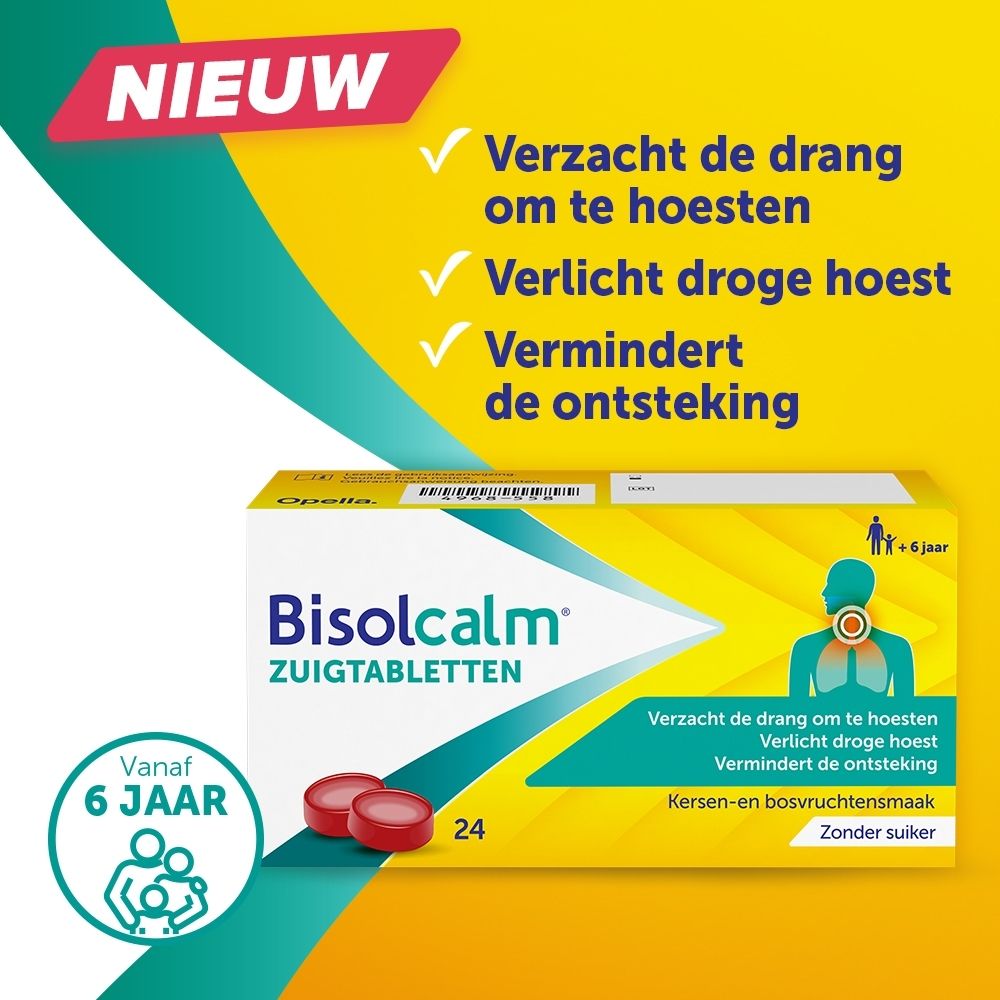 Doos met 24 Bisolcalm zuigtabletten, zonder suiker, voor kinderen vanaf 6 jaar.