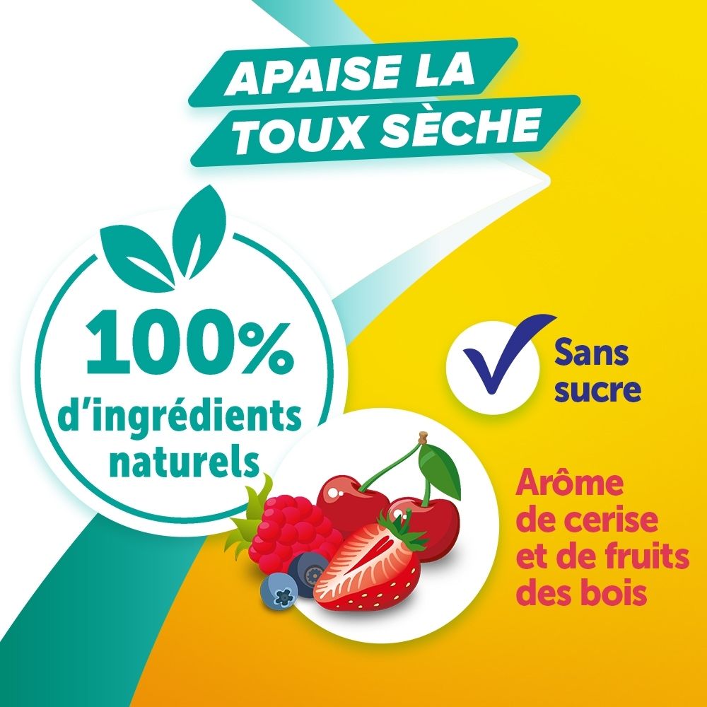Boîte de 24 pastilles Bisolcalm, sans sucre, avec indication de soulagement de la toux.