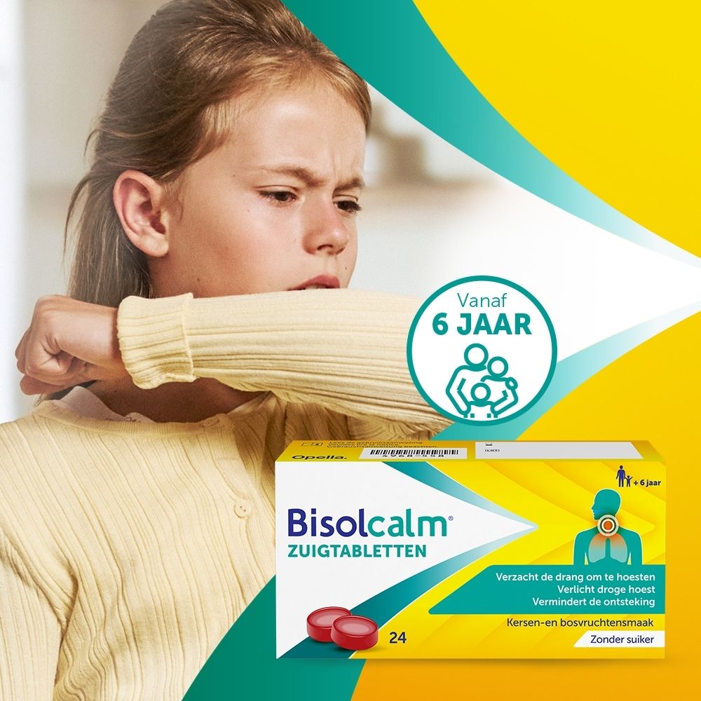 Doos met 24 Bisolcalm zuigtabletten, zonder suiker, met illustratie van fruit.