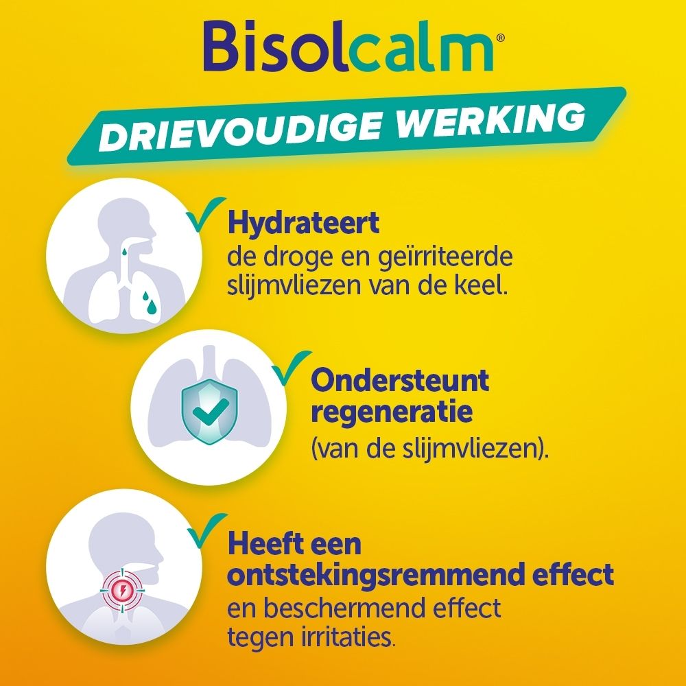 Doos met 24 Bisolcalm zuigtabletten, zonder suiker, met vermelding van natuurlijke ingrediënten.