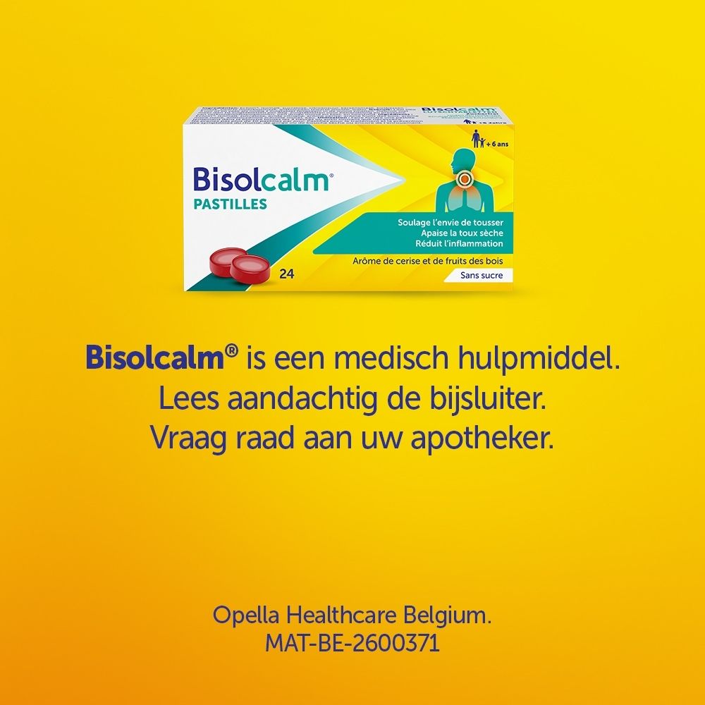 Doos met 24 Bisolcalm zuigtabletten, zonder suiker, met illustratie van hoestverlichting.