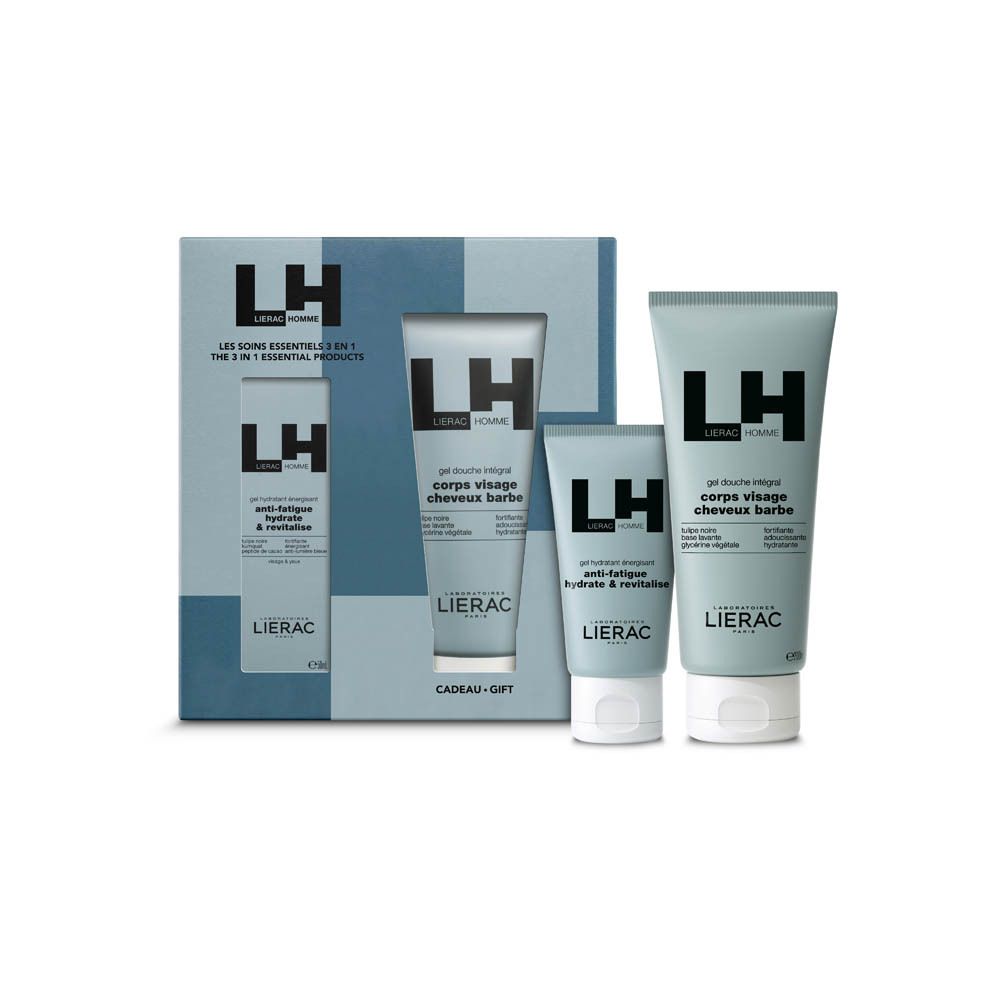 Cadeauset met twee producten. LH-logo en productnamen zichtbaar. Bevat gel en douchegel.