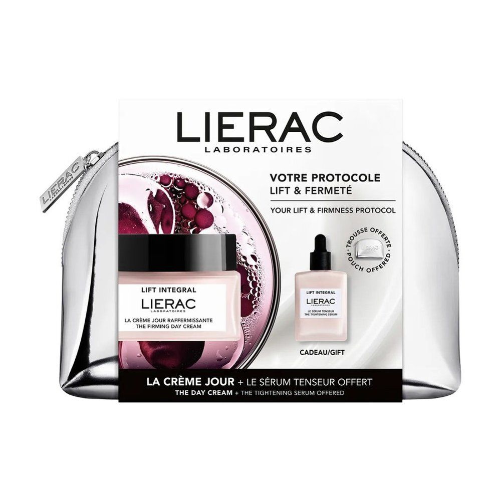 Cadeauset met cosmetica. Bevat een dagcrème en serum. Verpakt in een zilveren toilettas.