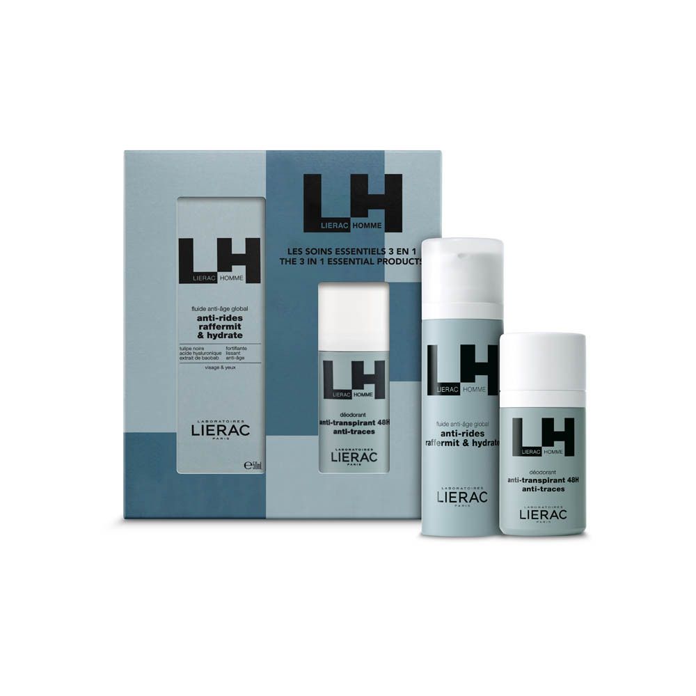 Geschenkverpakking met anti-aging fluid en deodorant. LH-logo en productnamen zichtbaar. Extra producten.