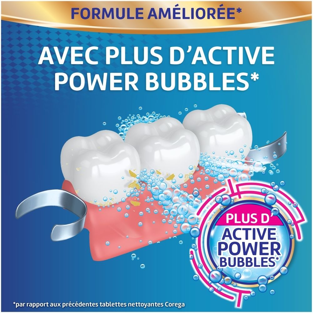 Dents et prothèse avec Active Power Bubbles. Inscription: Formule améliorée. Avec Active Power Bubbles.