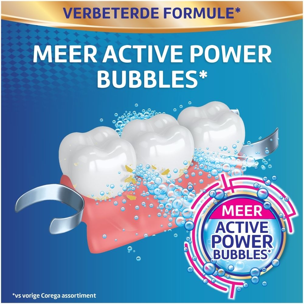 Tanden en prothese met Active Power Bubbles. Opschrift: Verbeterde formule. Met Active Power Bubbles.