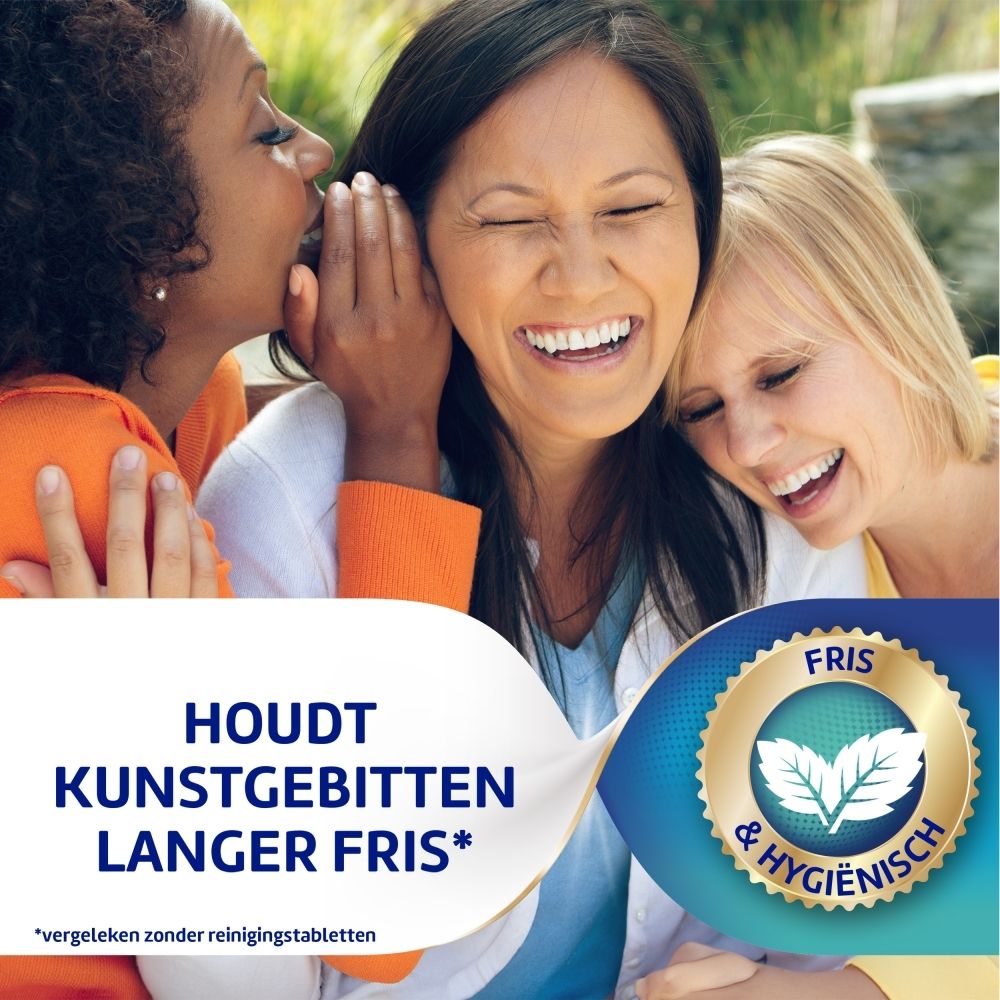 Drie vrouwen lachen. Opschrift: Houdt kunstgebitten langer fris. Fris & hygiënisch.