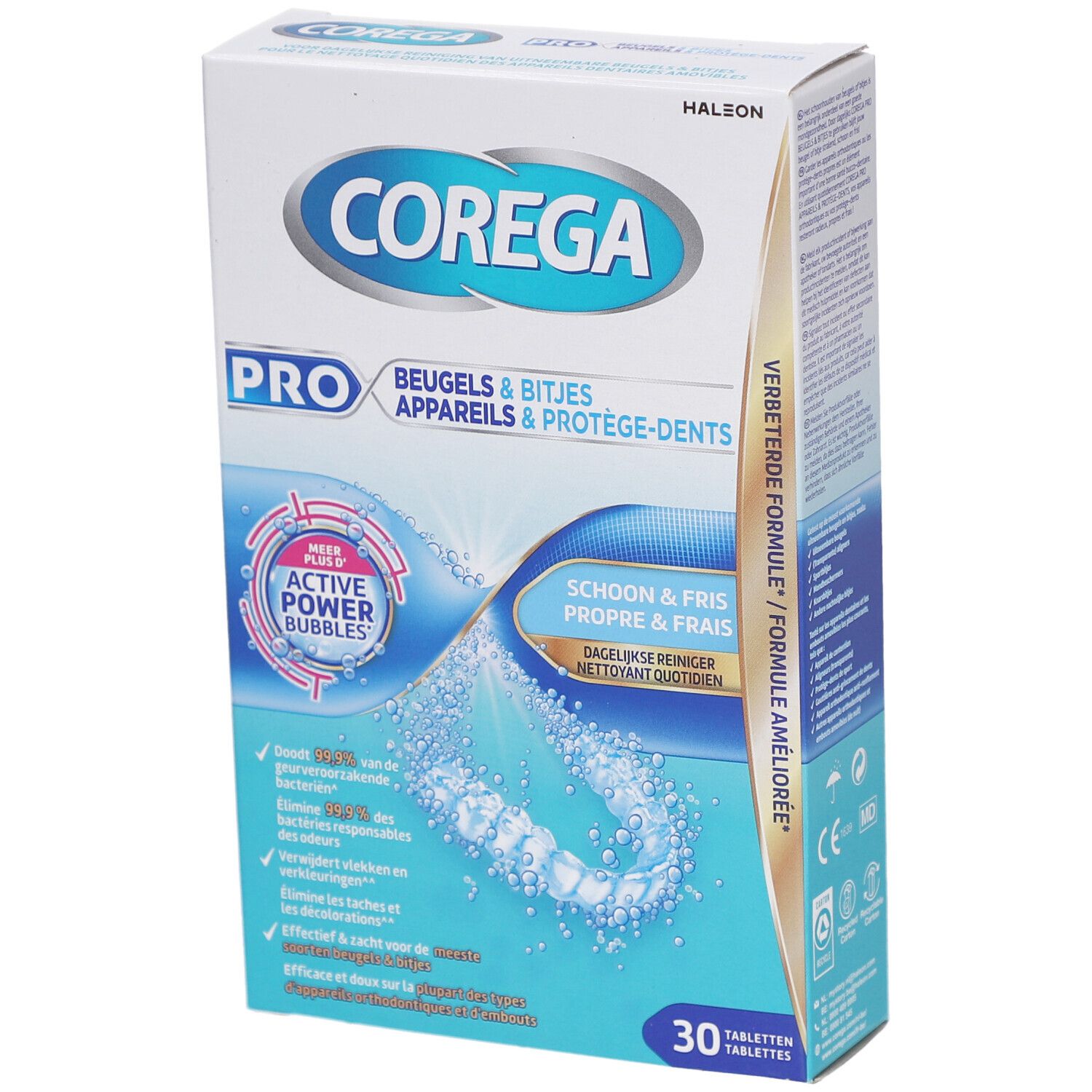 Productverpakking met naam en aanduiding. Bevat 30 tabletten. Blauw-witte verpakking met productillustratie.