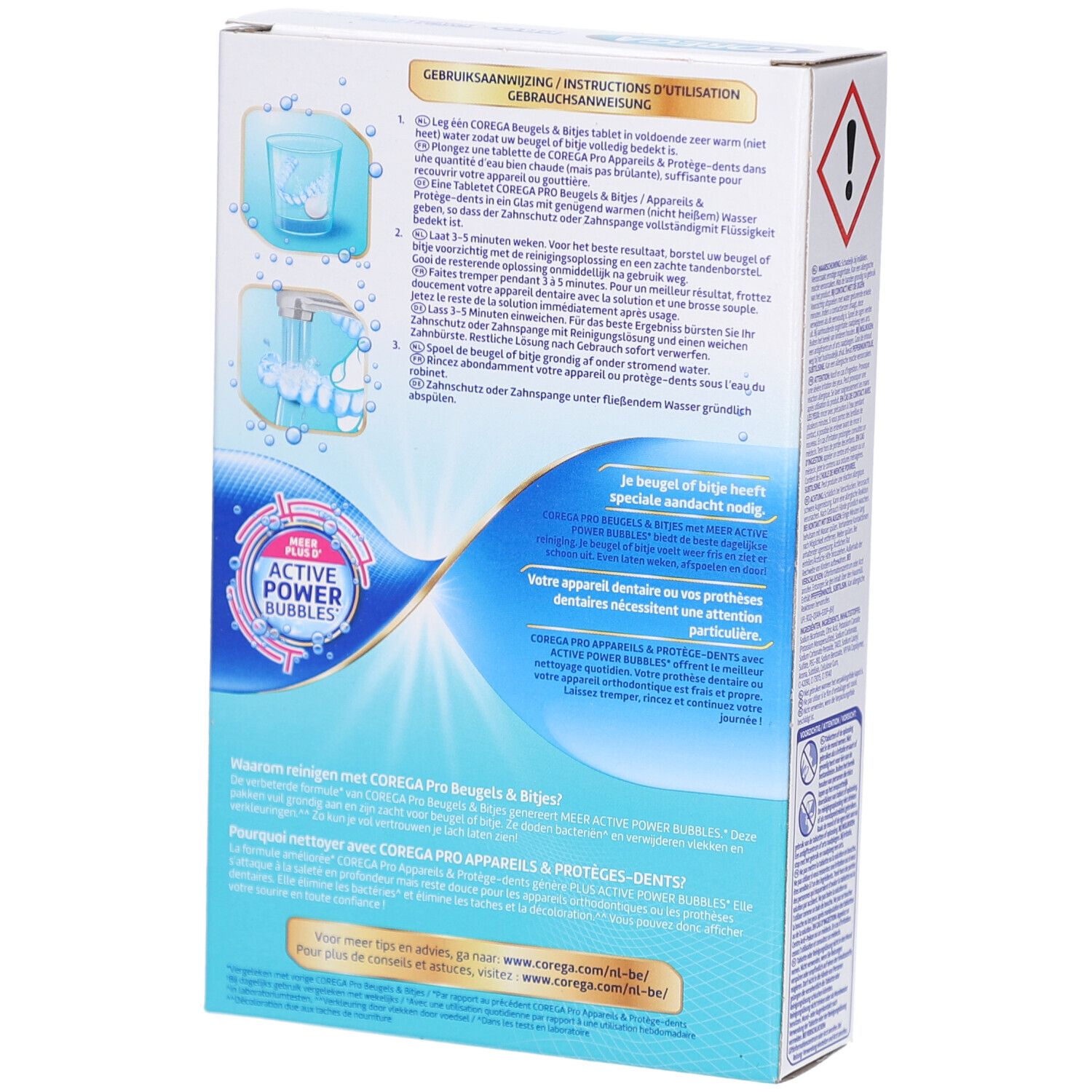 Achterkant van de productverpakking. Bevat instructies en productinformatie. Wit-blauwe verpakking met illustraties.