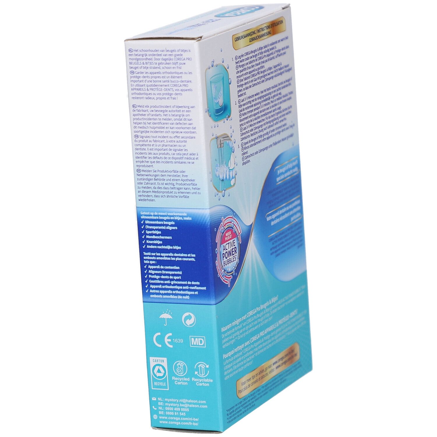 Productverpakking, schuine weergave. Bevat productinformatie en certificeringen. Wit-blauwe verpakking met illustraties.