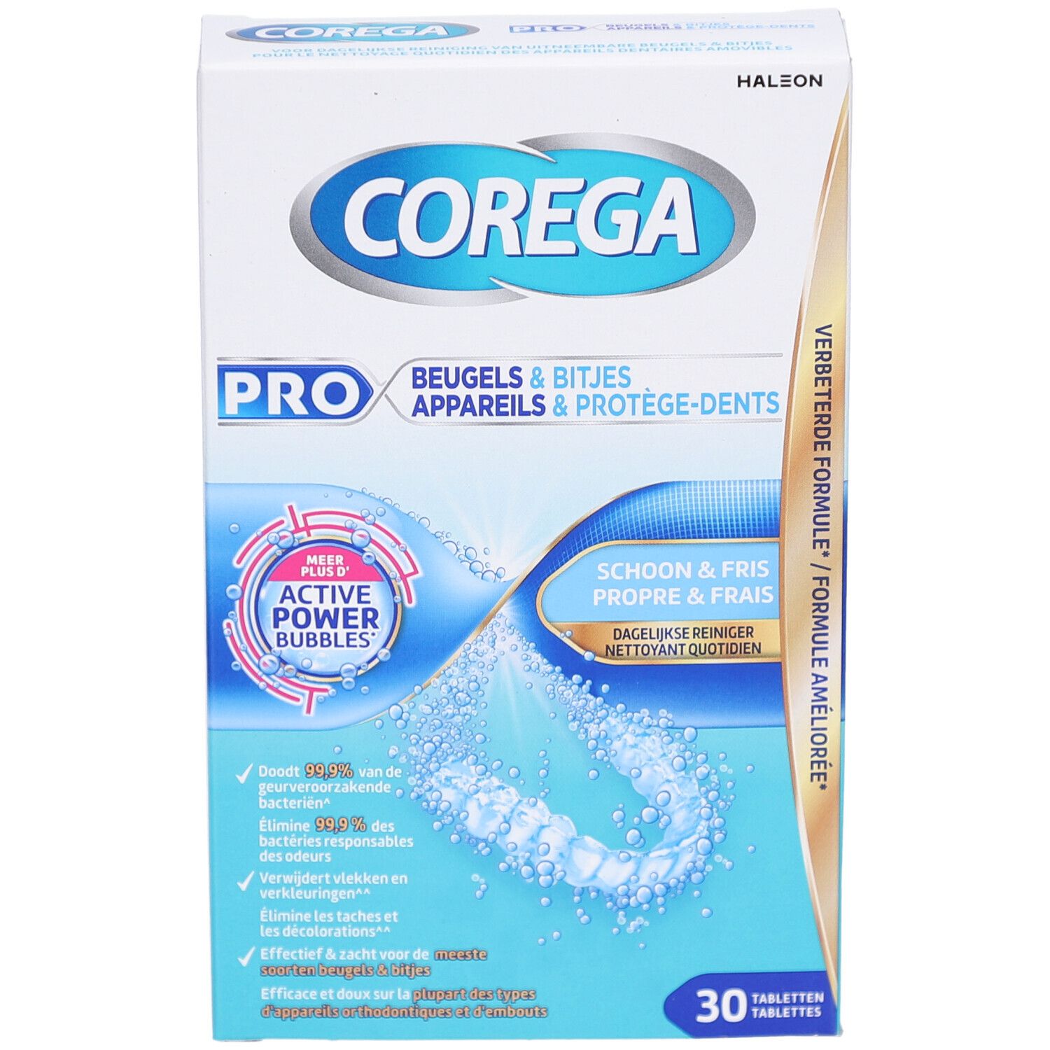 Productverpakking met naam en aanduiding. Bevat 30 tabletten. Blauw-witte verpakking met productillustratie.