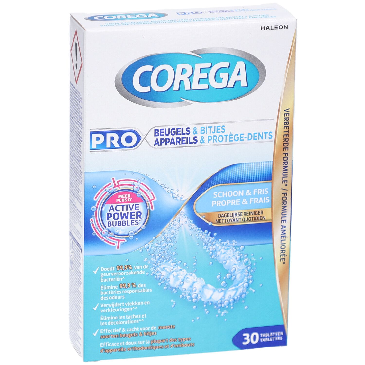 Productverpakking met naam en aanduiding. Bevat 30 tabletten. Blauw-witte verpakking met productillustratie.