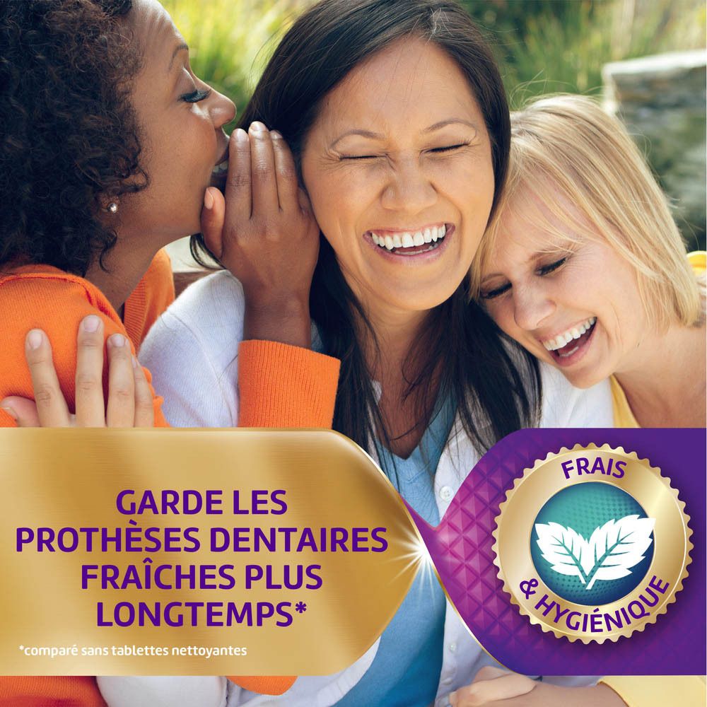 Trois femmes rient. Texte: Garde les prothèses dentaires fraîches plus longtemps. Logo: Frais & hygiénique.
