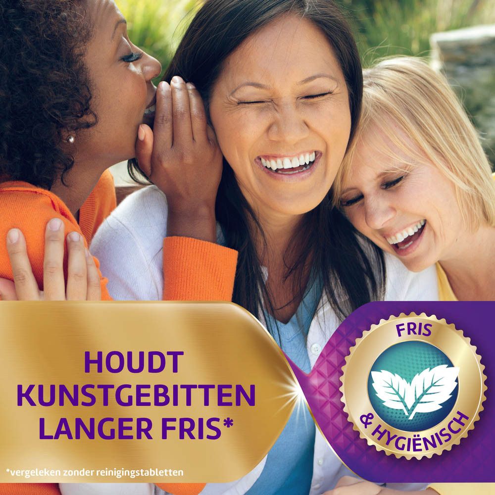 Drie lachende vrouwen. Tekst: Houdt kunstgebitten langer fris. Logo: Fris & hygiënisch.