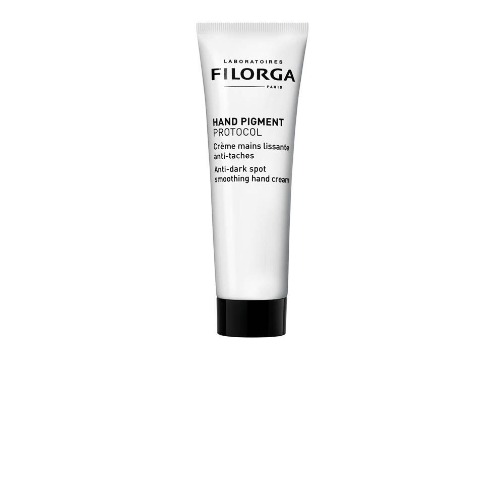 Witte tube met zwarte dop. Hand Pigment Protocol Crème. Tekst. Filorga-logo. Anti-vlekken crème.