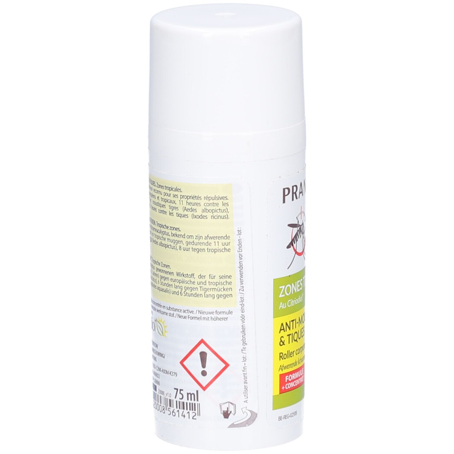 Dos du roll-on. Texte: 75 ml, avertissement. Informations sur les ingrédients et l'utilisation.