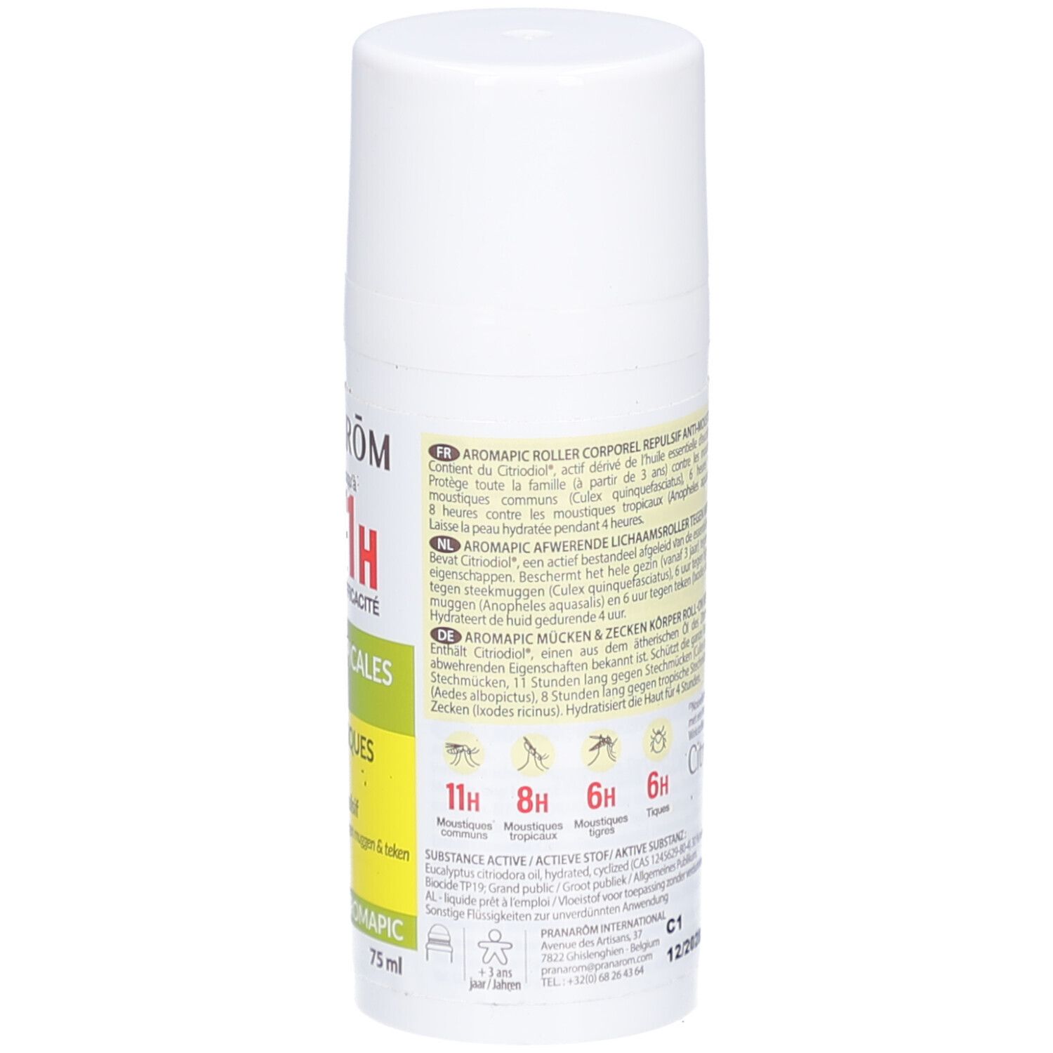 Dos du roll-on. Texte: 75 ml, avertissement, informations sur les ingrédients et l'utilisation, durée d'efficacité.