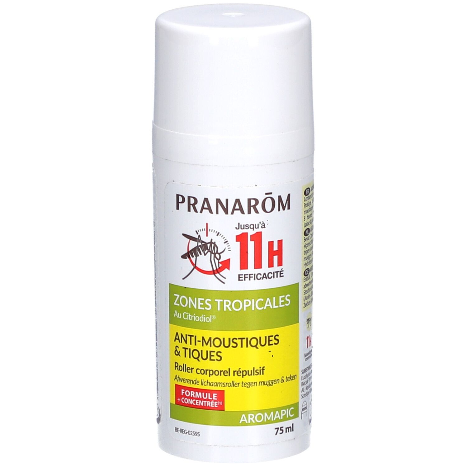 Roll-on blanc avec étiquette verte. Texte: Pranarôm, jusqu'à 11H efficacité, Zones tropicales, Anti-Moustiques & Tiques, Aromapic.