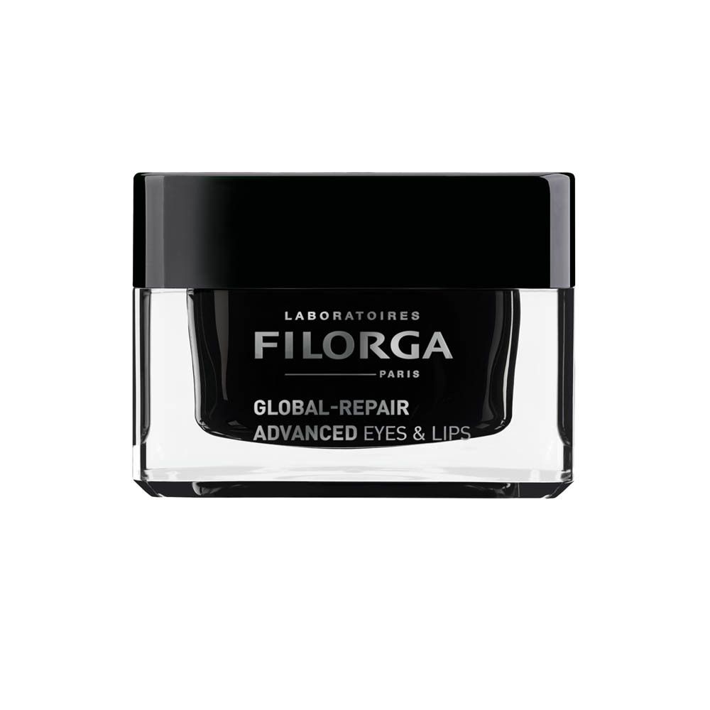 Crème Filorga Global-Repair Advanced Eyes & Lips dans un pot noir avec couvercle.