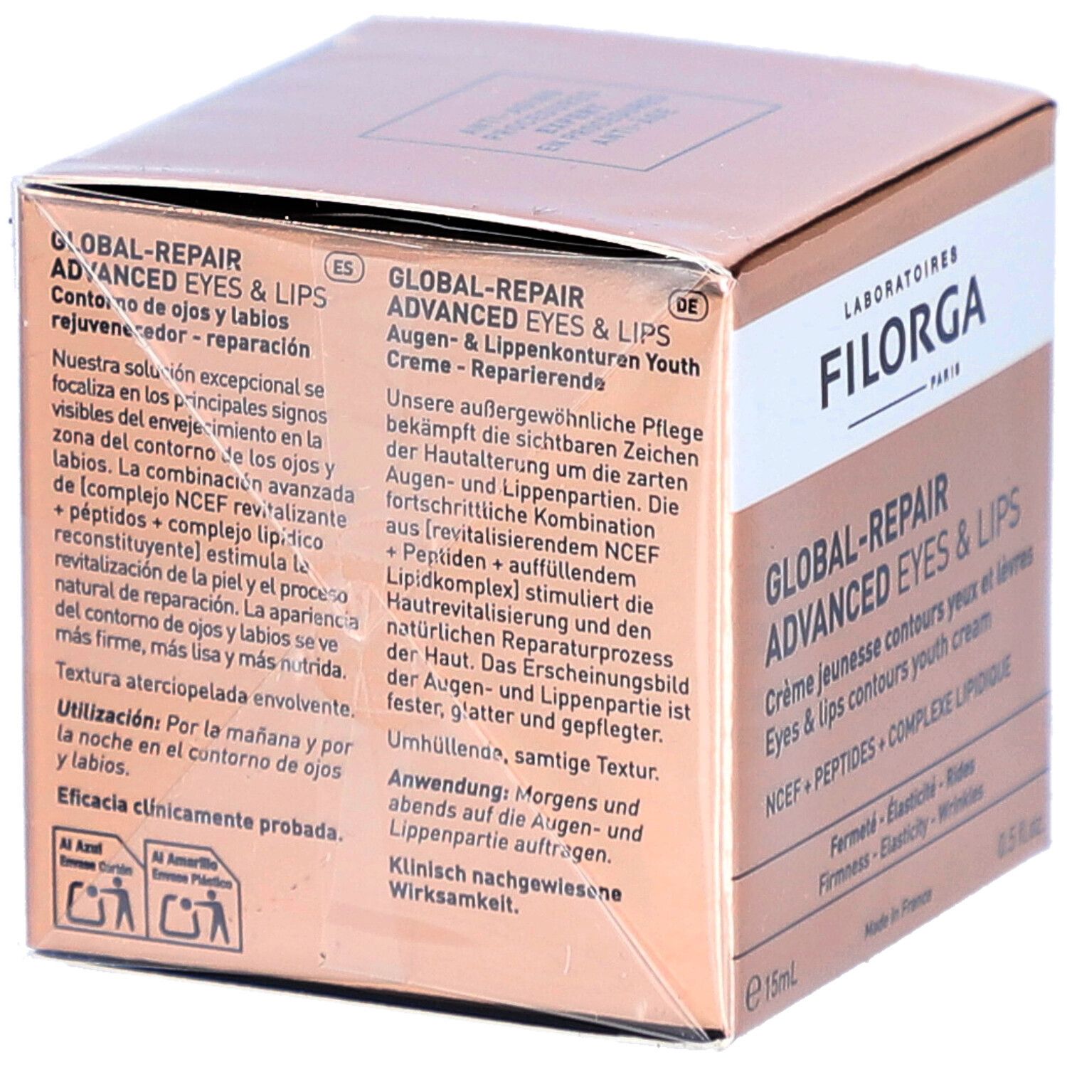 Filorga Global-Repair Advanced Eyes & Lips. Doos met meertalige productinformatie. Roze-gouden verpakking.