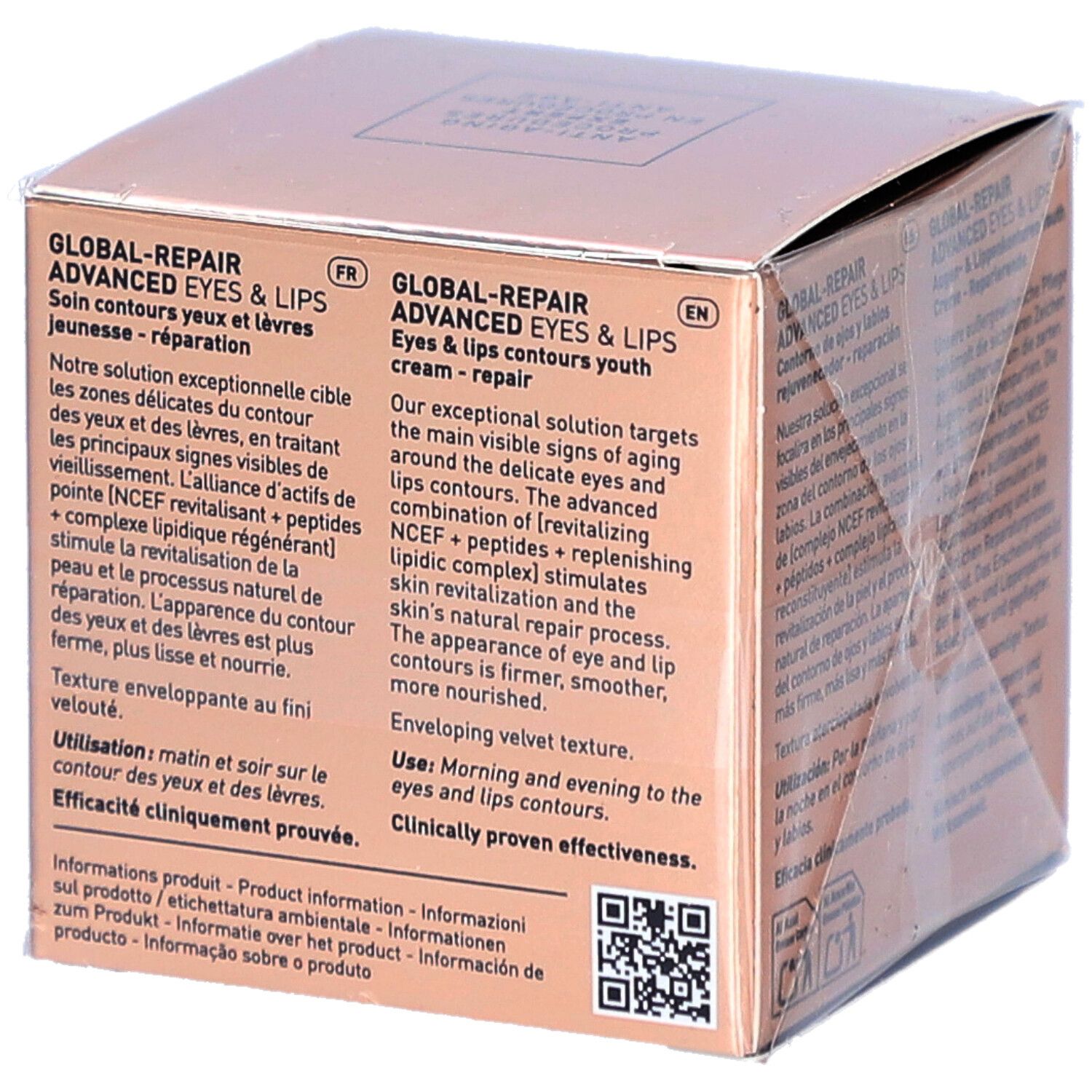 Filorga Global-Repair Advanced Eyes & Lips. Doos met meertalige productinformatie. Roze-gouden verpakking.
