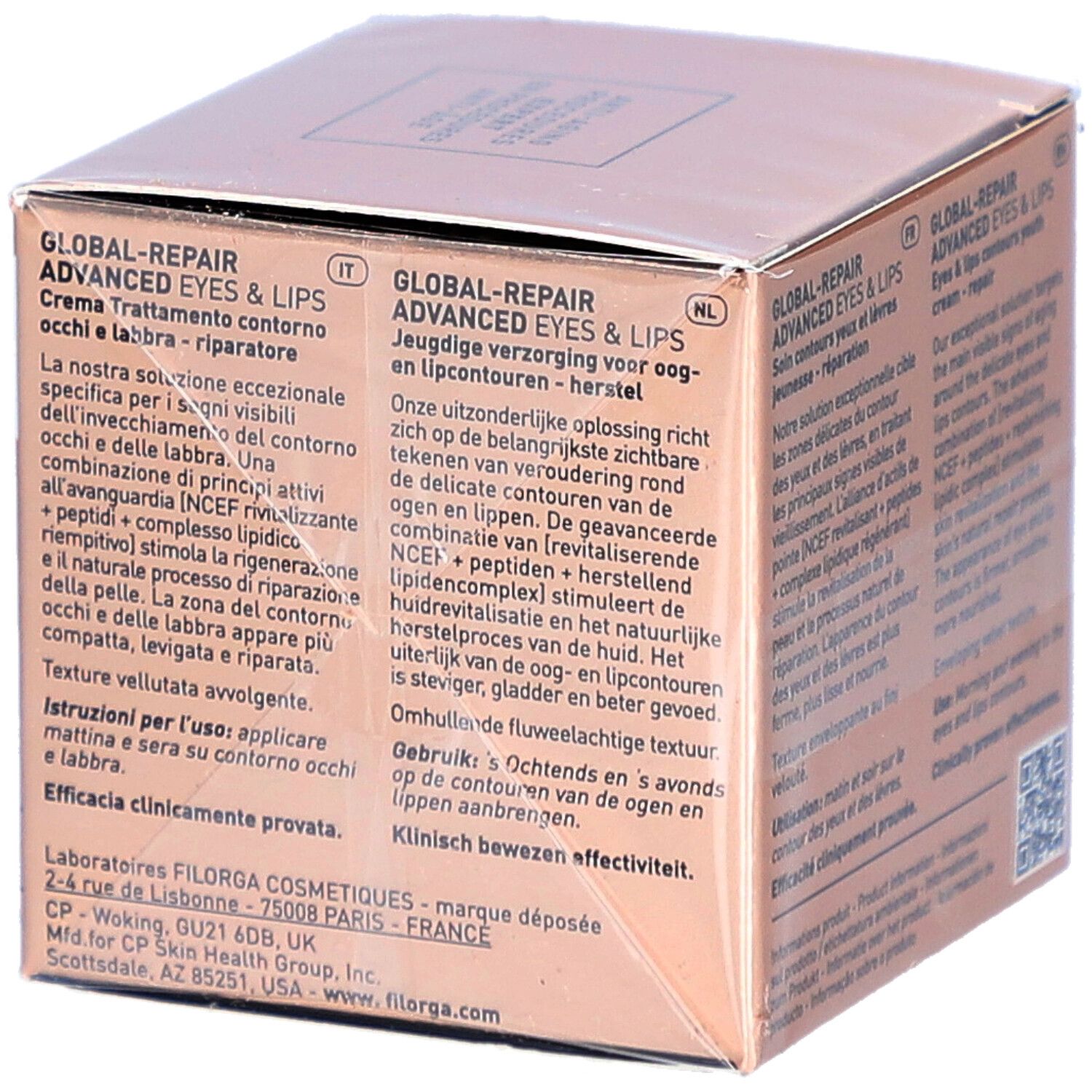 Filorga Global-Repair Advanced Eyes & Lips. Doos met meertalige productinformatie. Roze-gouden verpakking.