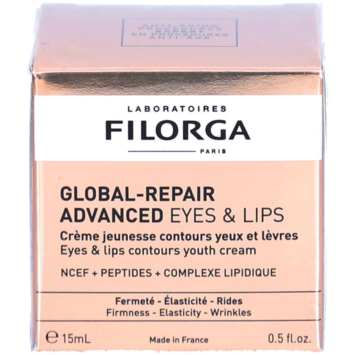 Filorga Global-Repair Advanced Eyes & Lips. Roze-gouden doos. Productnaam en informatie duidelijk zichtbaar.