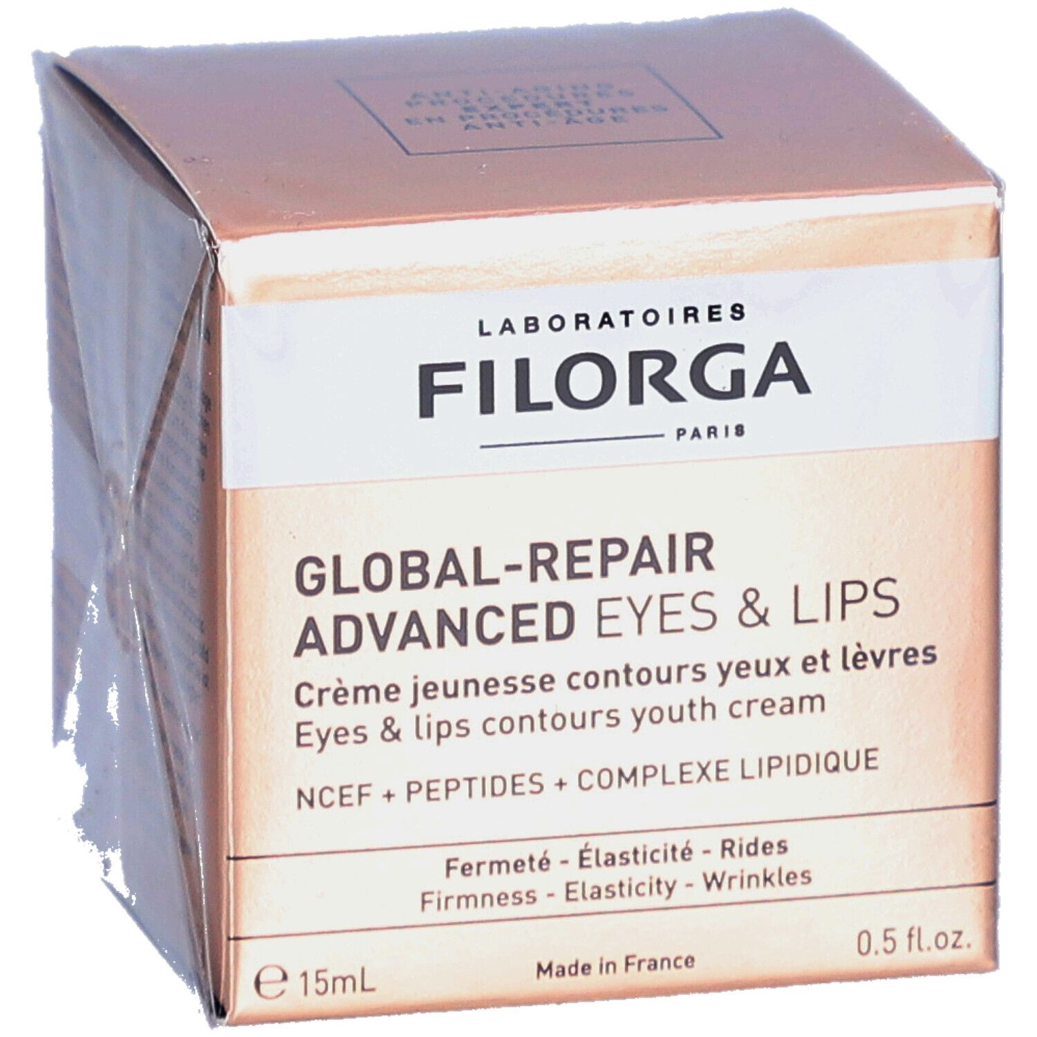 Filorga Global-Repair Advanced Eyes & Lips. Roze-gouden doos. Productnaam en informatie duidelijk zichtbaar.