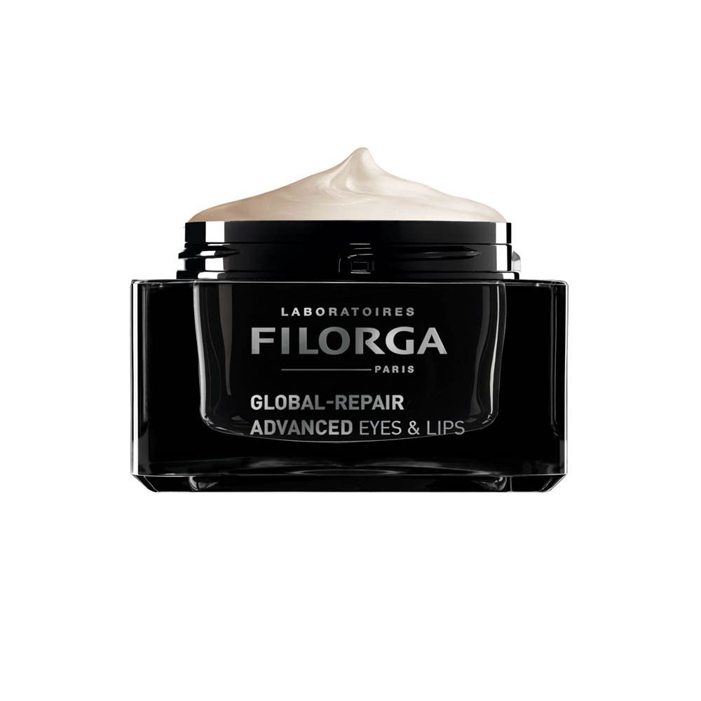 Filorga Global-Repair Advanced Eyes & Lips crème in een zwarte pot met deksel.