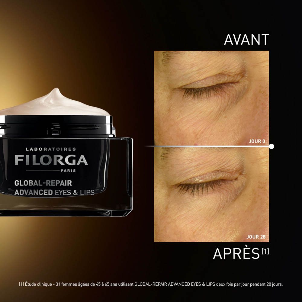 Boîte de crème Filorga Global-Repair Advanced Yeux et Lèvres avec texte.