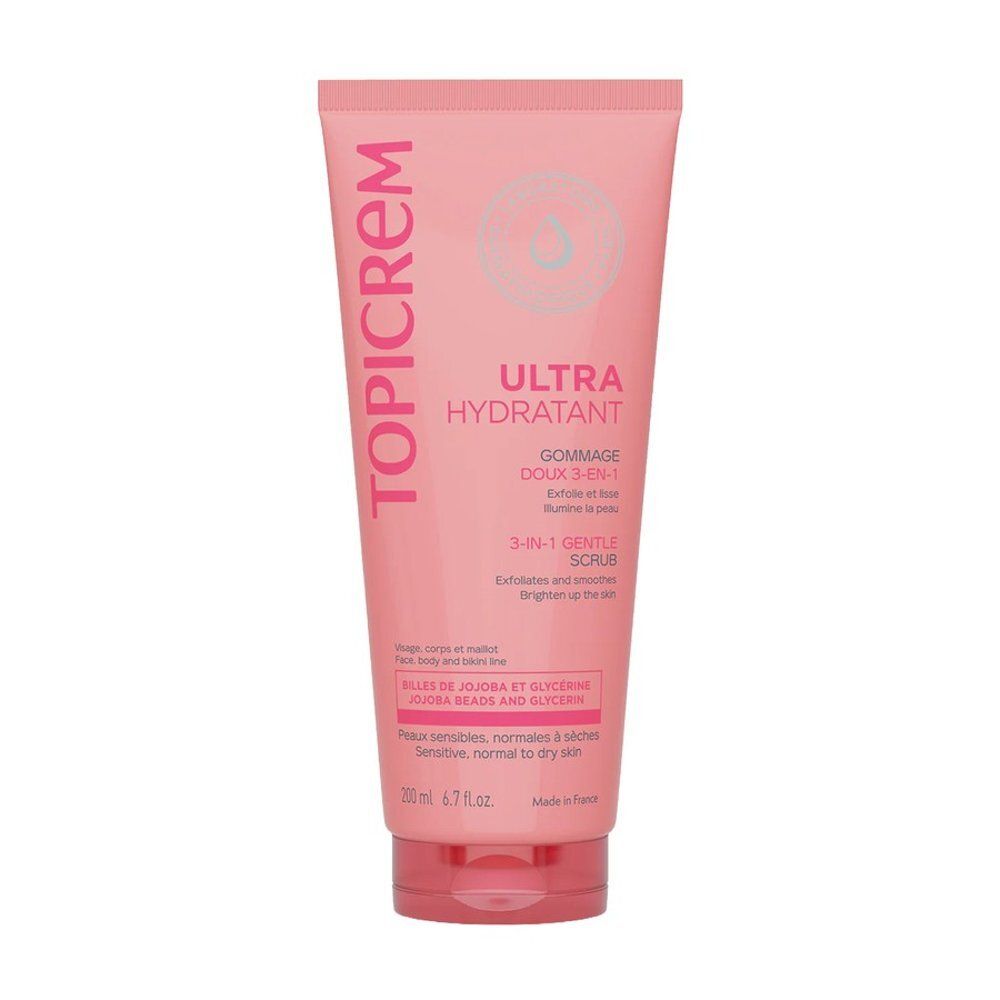 Topicrem Ultra Hydratant Gommage Doux 3-en-1 scrub in roze tube. Bevat jojoba parels en glycerine.