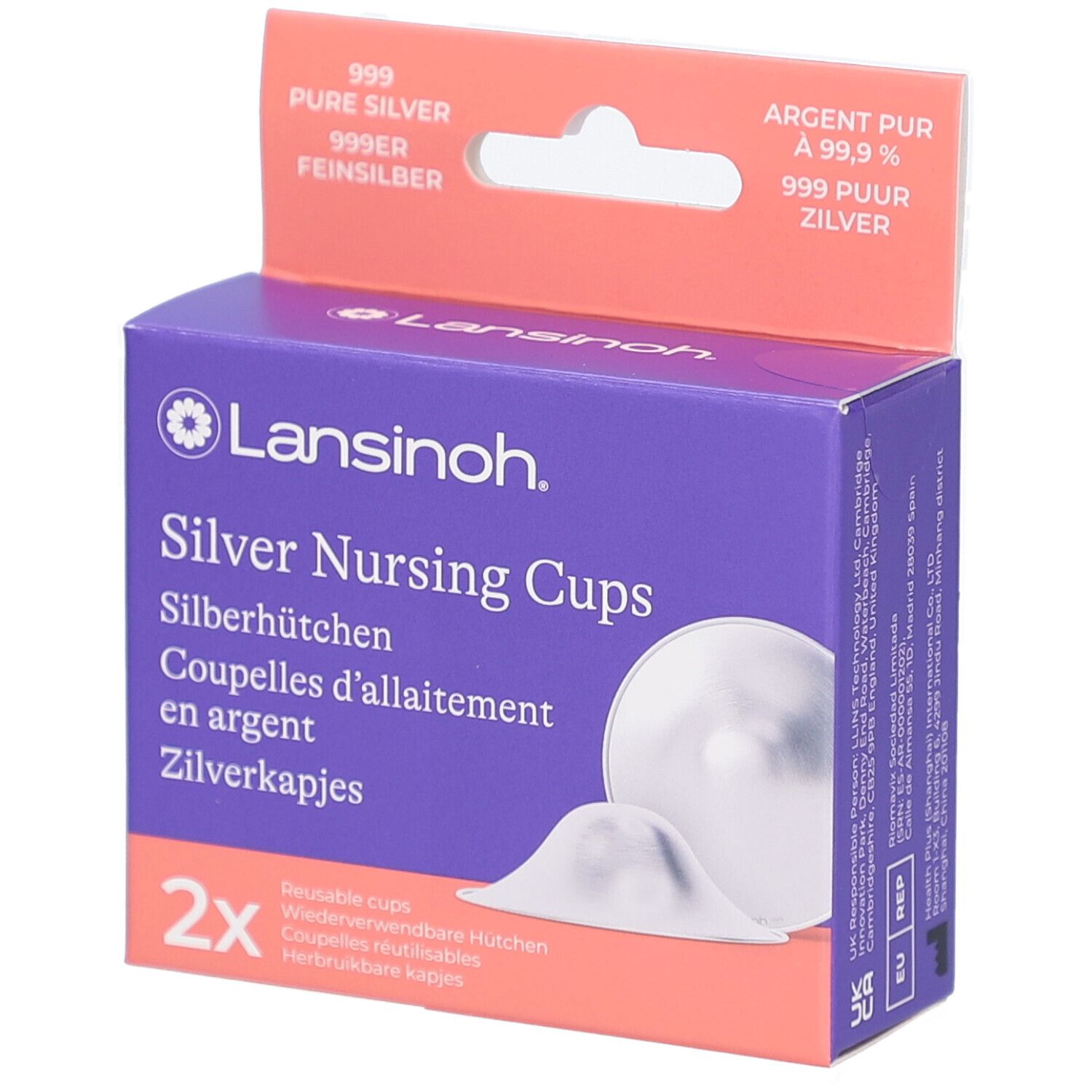 Boîte violette Lansinoh. Contient deux coupelles d'allaitement en argent. Inscription : Silver Nursing Cups. Argent pur 999.