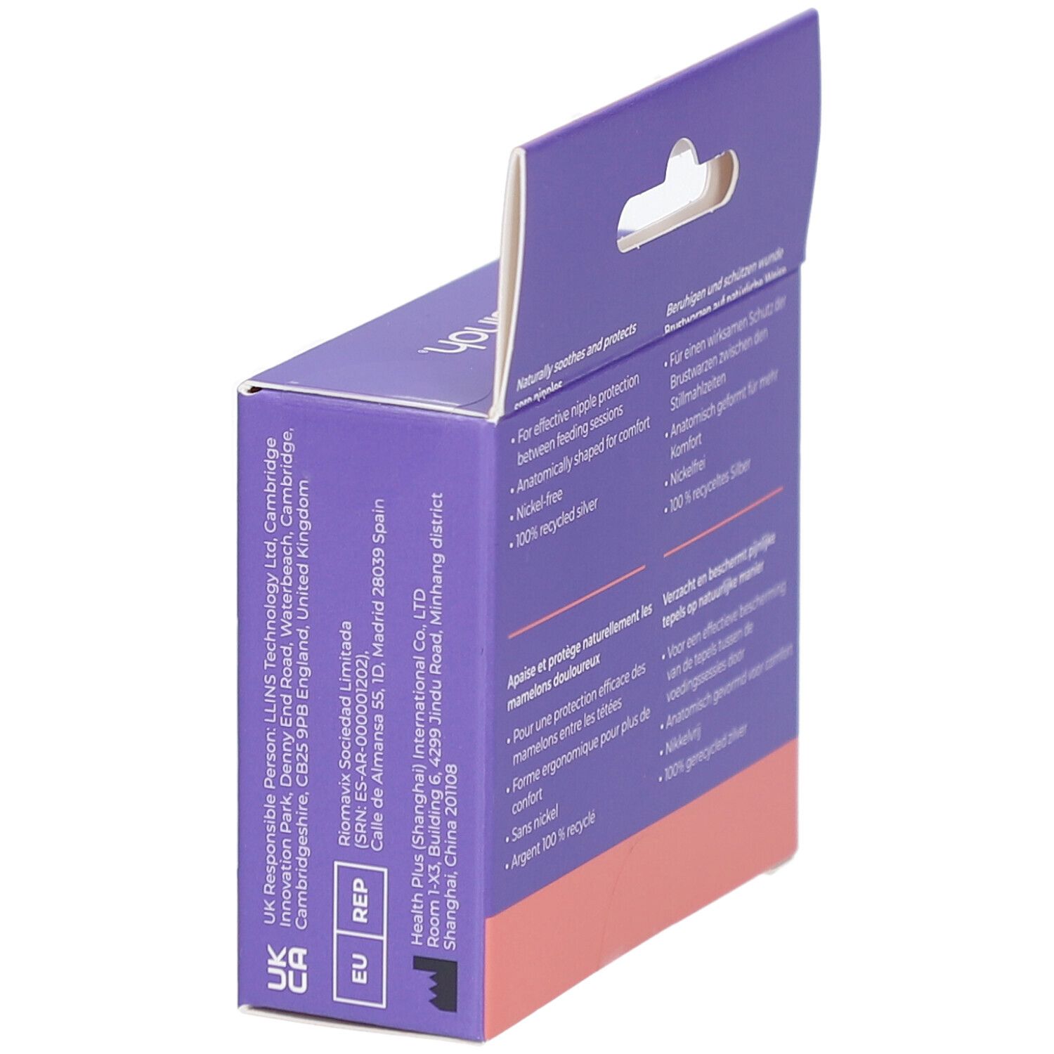 Boîte violette légèrement en biais. Texte en allemand, français, italien et néerlandais. Contient des informations sur le produit.