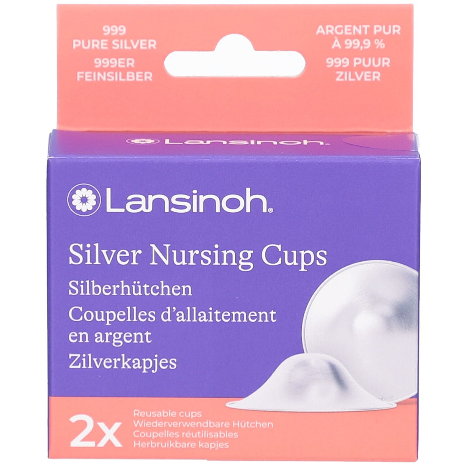Boîte violette Lansinoh. Contient deux coupelles d'allaitement en argent. Inscription : Silver Nursing Cups. Argent pur 999.