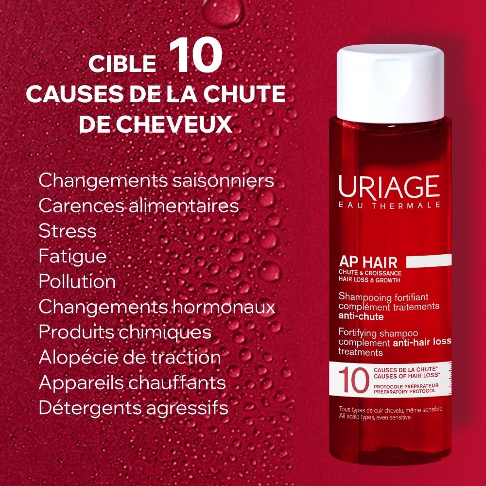 Shampooing fortifiant Uriage AP Hair, flacon rouge 200ml, pour la chute des cheveux.