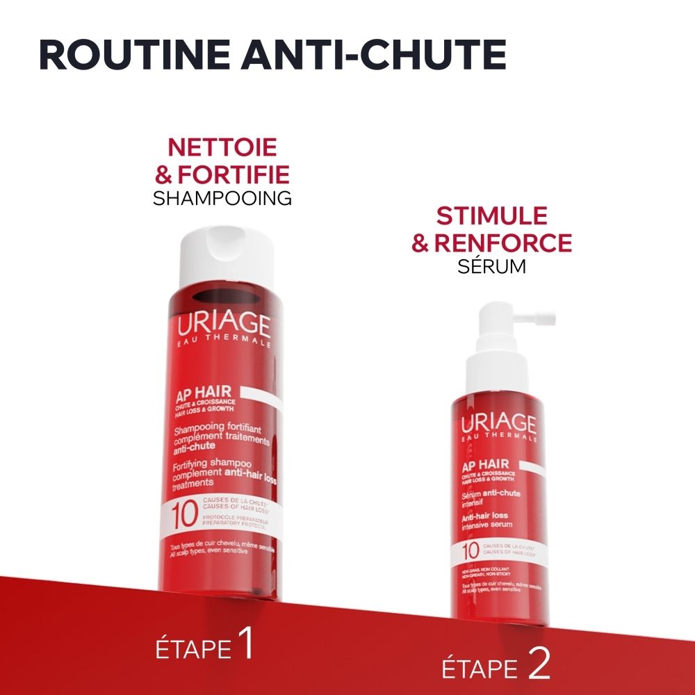 Shampooing fortifiant Uriage AP Hair, flacon rouge 200ml, pour la chute des cheveux.