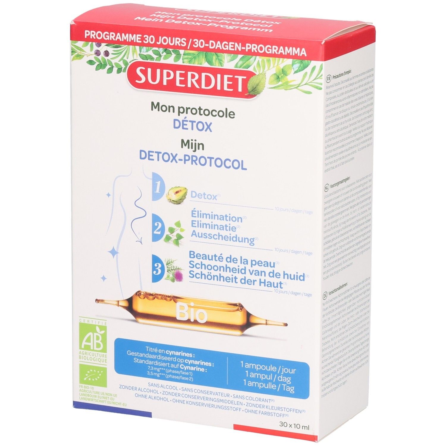 Doosje Superdiet met productinfo. Bevat ampullen. Tekst in Duits, Frans en Nederlands. Bio-certificering.